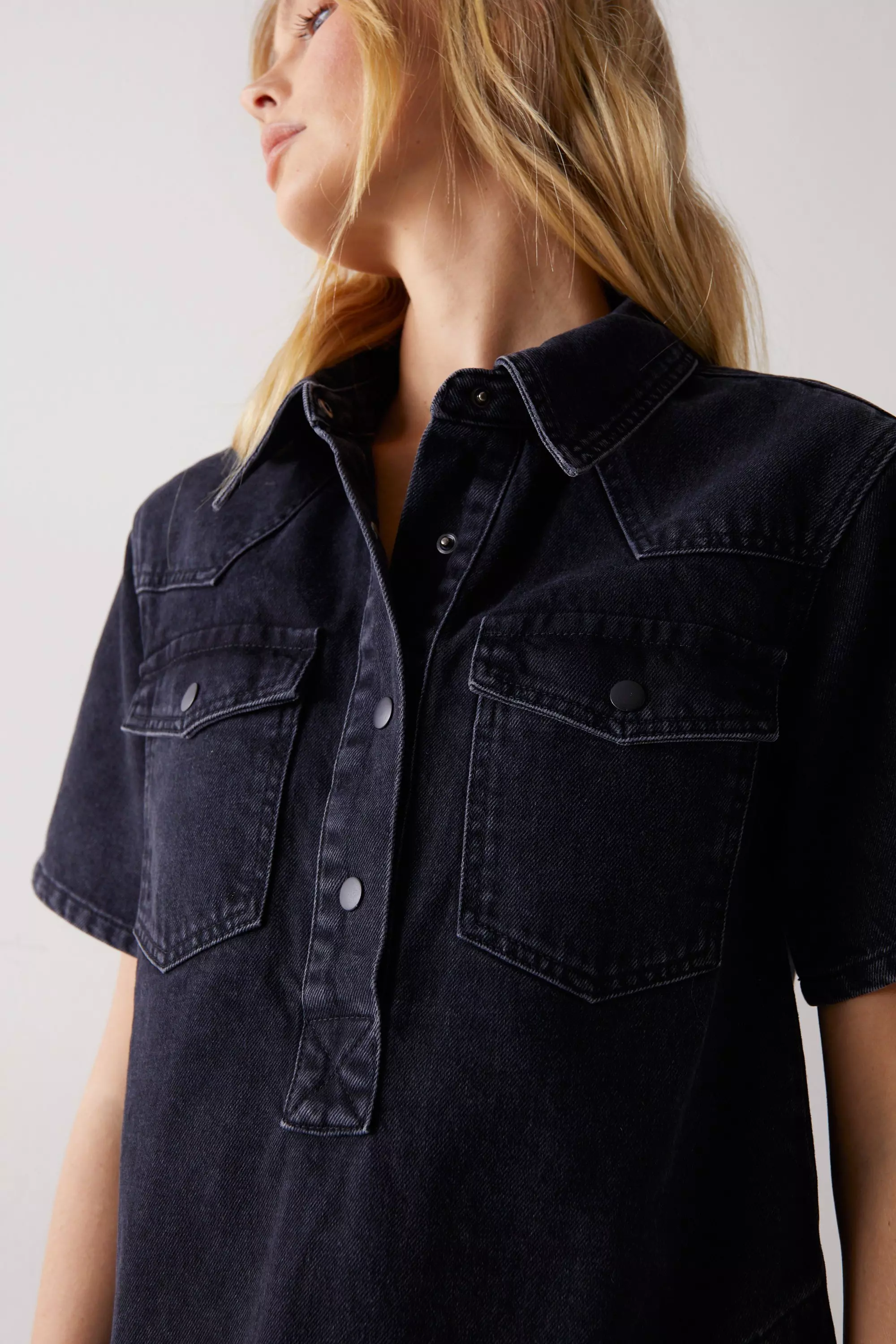 Pocket Front Button Down Denim Swing Dress